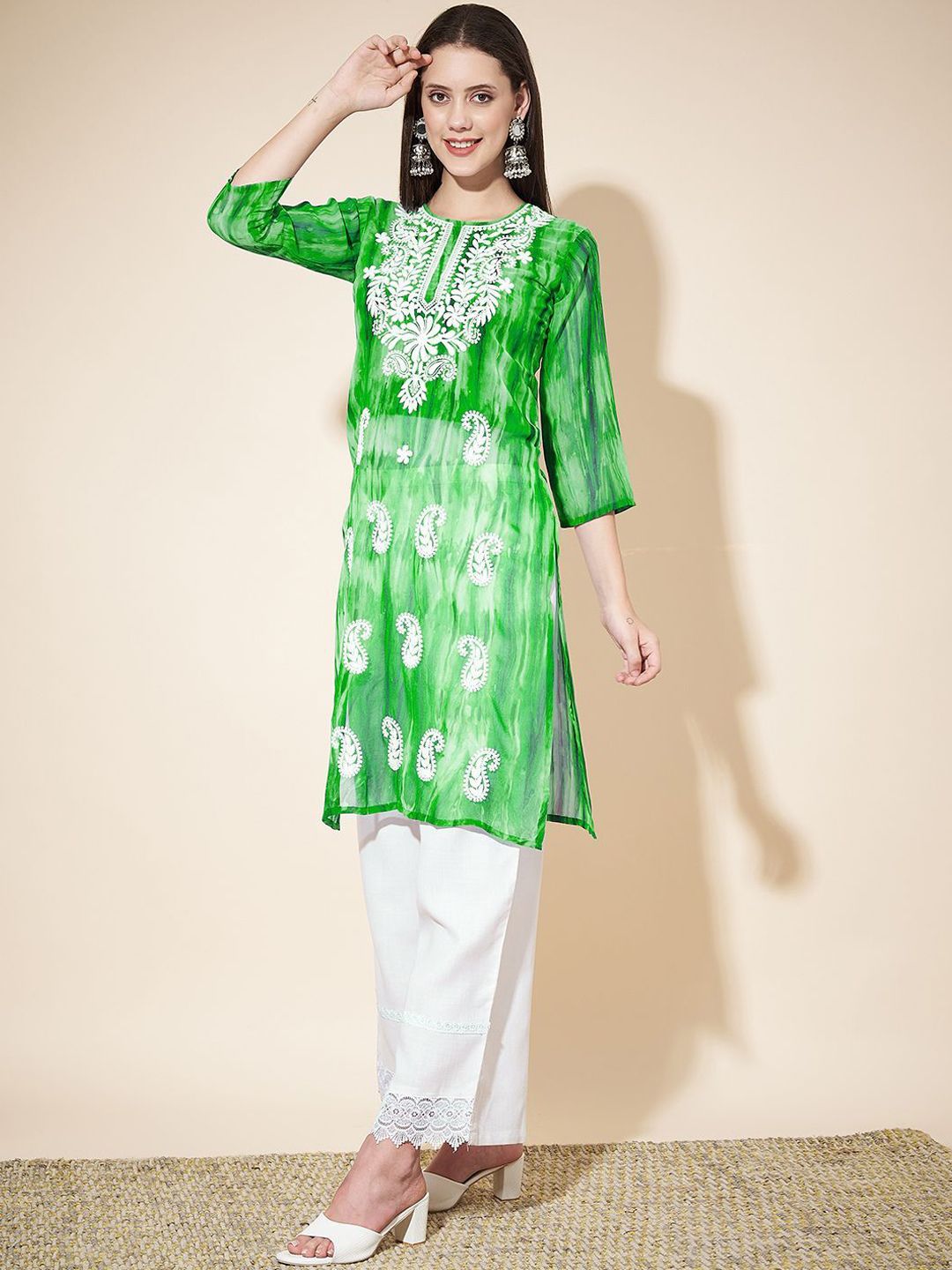 KALINI Paisley Embroidered Chikankari Georgette Straight Kurta