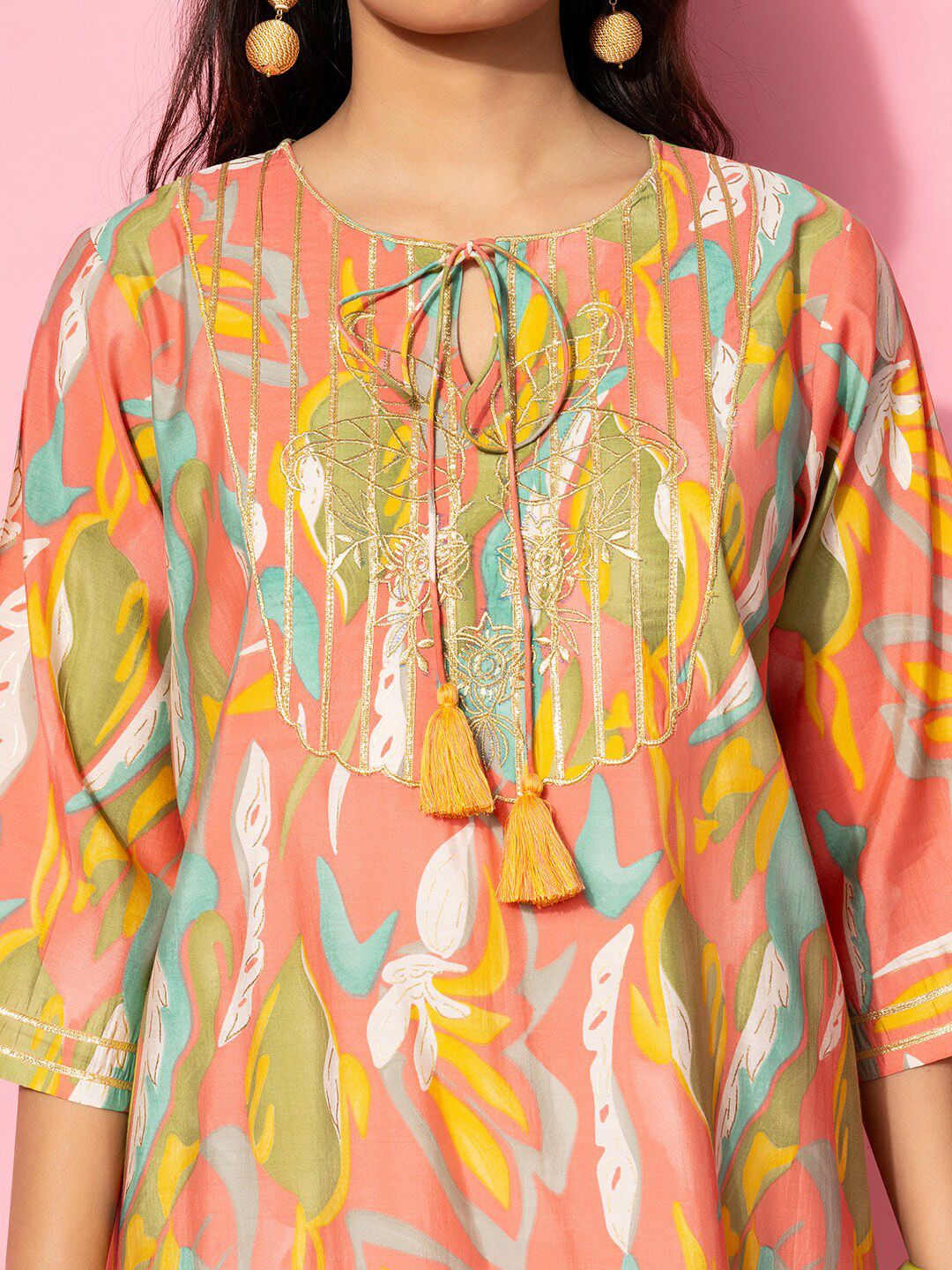 Libas Abstract Printed Gotta Patti Tie Up Neck Tunic With Trouser