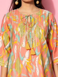 Libas Abstract Printed Gotta Patti Tie Up Neck Tunic With Trouser