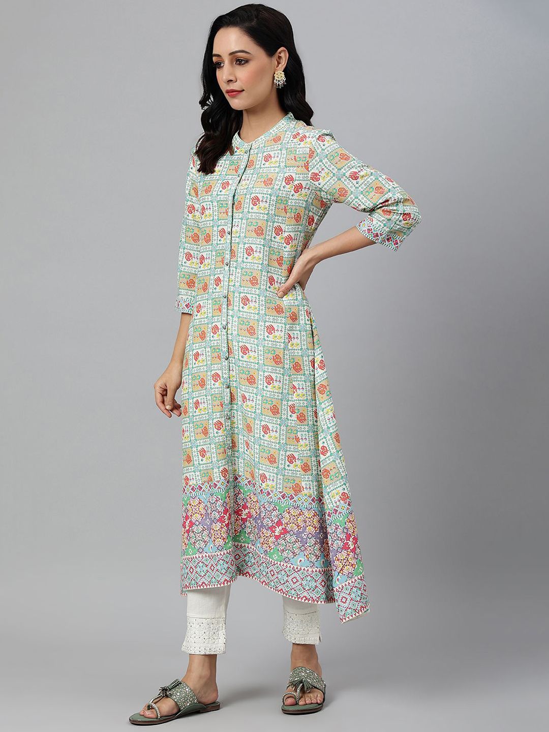 W Mandarin Collar Floral Printed A-Line Kurta