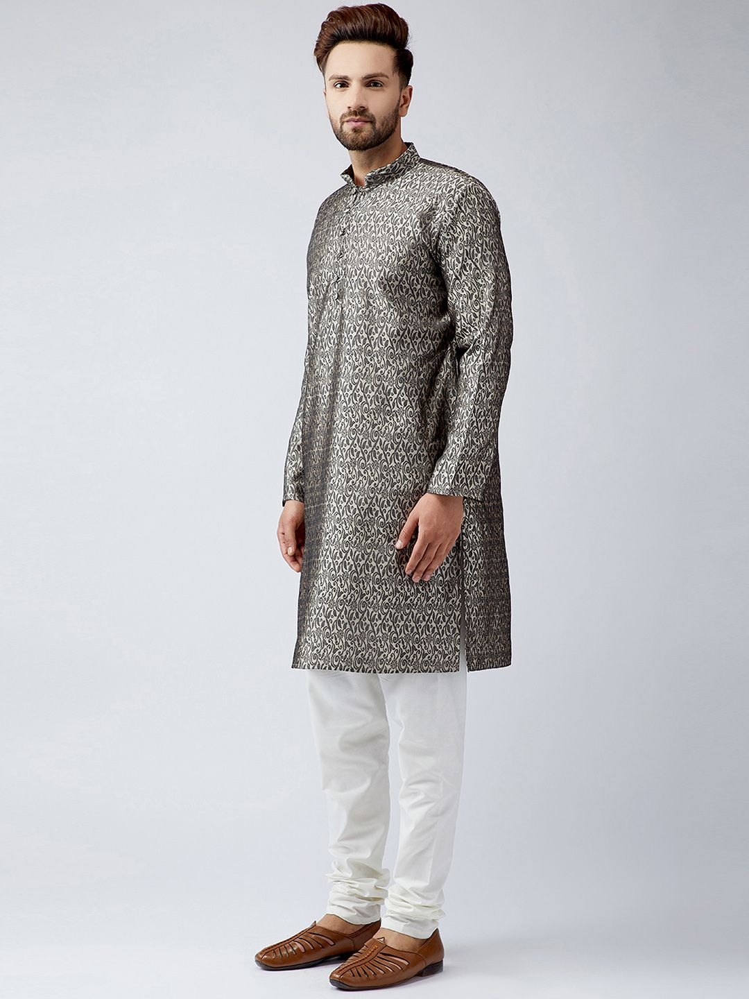 SOJANYA Men Grey Woven Design Straight Kurta