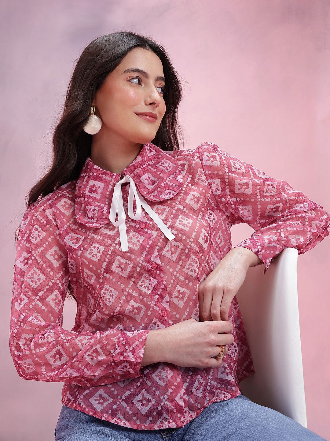 DressBerry Printed Club Collar with Tie-Ups Semi Sheer Casual Shirt