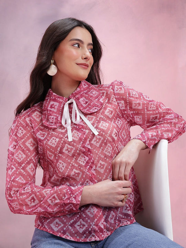 DressBerry Printed Club Collar with Tie-Ups Semi Sheer Casual Shirt