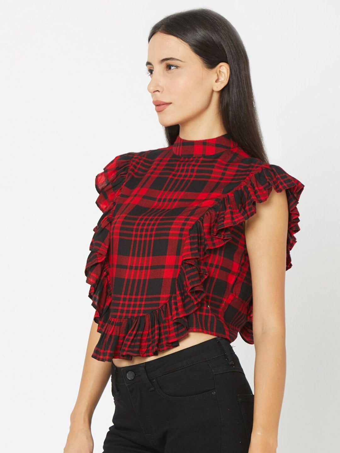 SPYKAR Red Checked Styled Back Crop Top