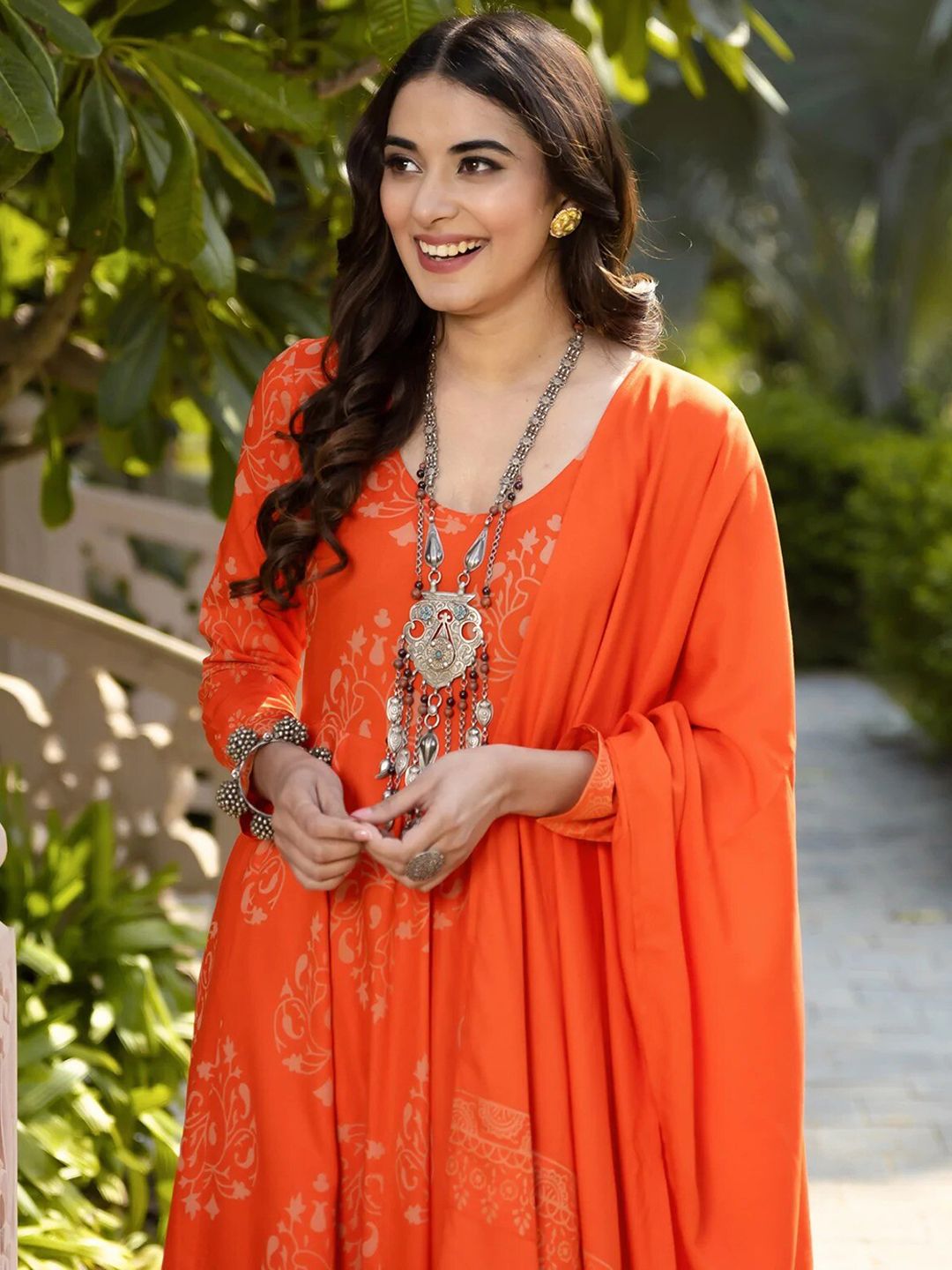 Rustorange Women Orange Ethnic Motifs Regular Kurta with Palazzos & With Dupatta