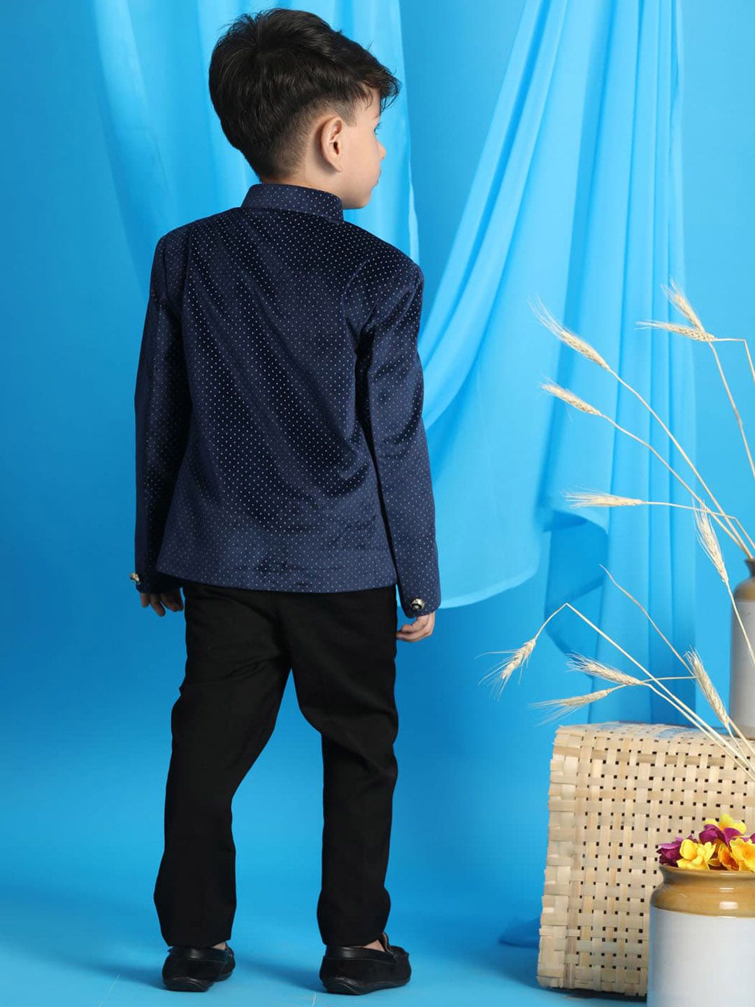 VASTRAMAY Boys Polka Dot Printed Velvet Slim Fit Velvet Bandhgala Blazer