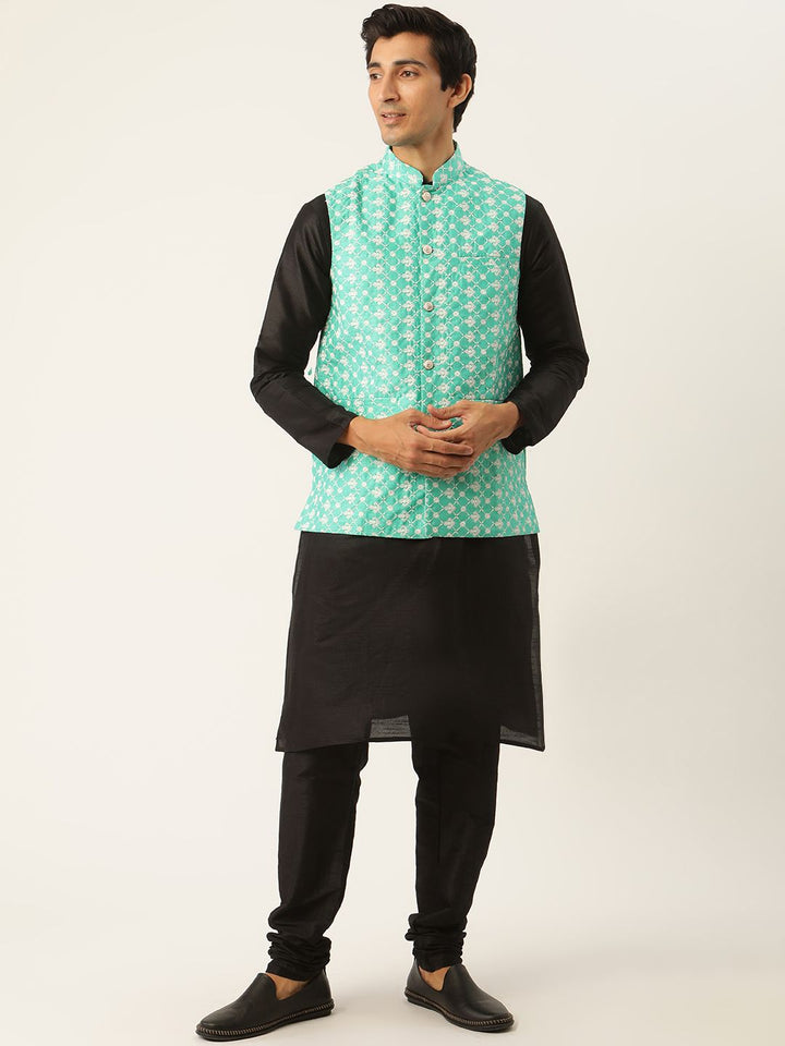 SOJANYA Lelaki Benang Hitam & Hijau Bekerja Kurta dengan Churidar