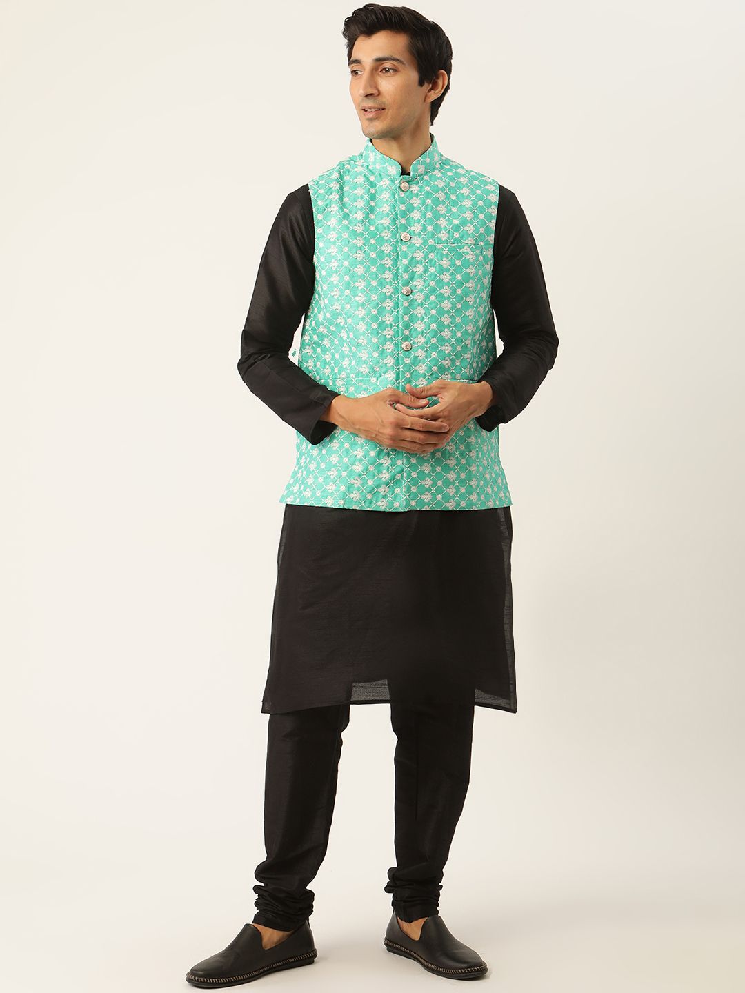 SOJANYA Lelaki Benang Hitam & Hijau Bekerja Kurta dengan Churidar