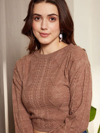 Berrylush Cable Knit Self Design Acrylic Crop Pullover Sweater