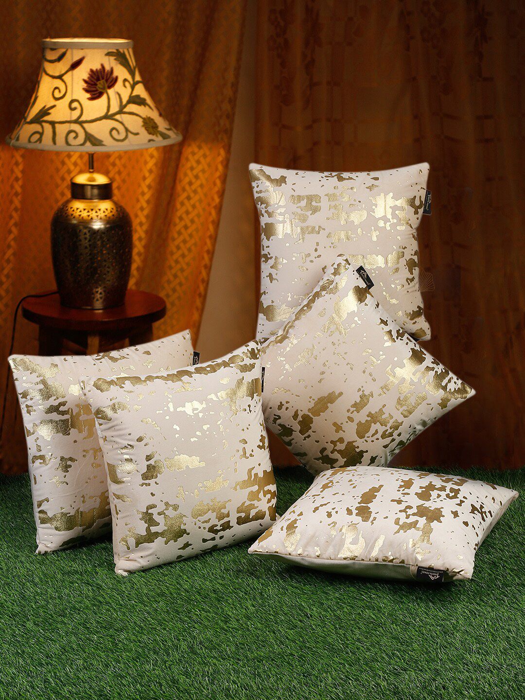 HOSTA HOMES Beige & Gold-Toned 5 Pcs Abstract Velvet Square Cushion Covers