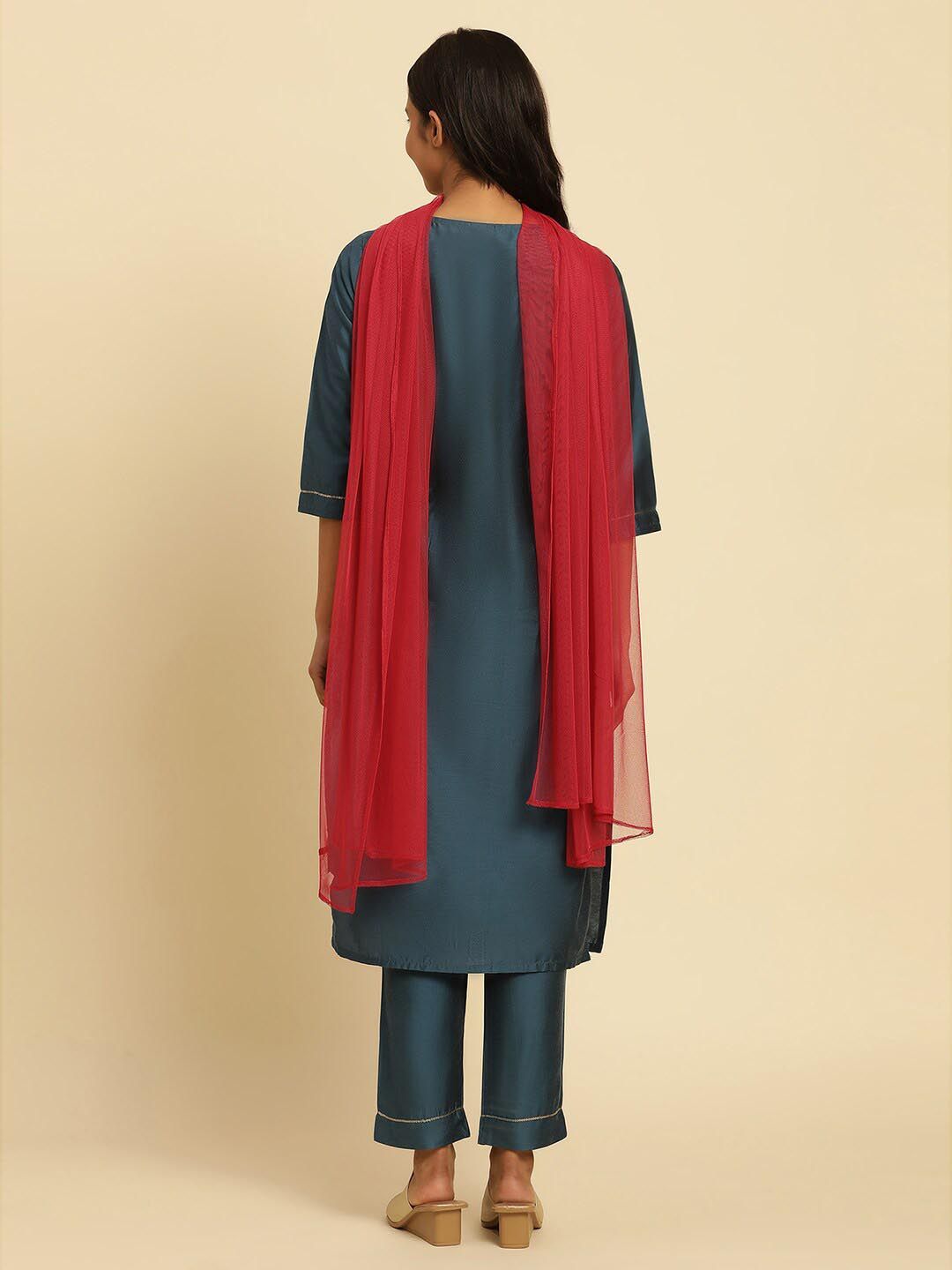 W Embroidered Straight Kurta with Trouser & Dupatta