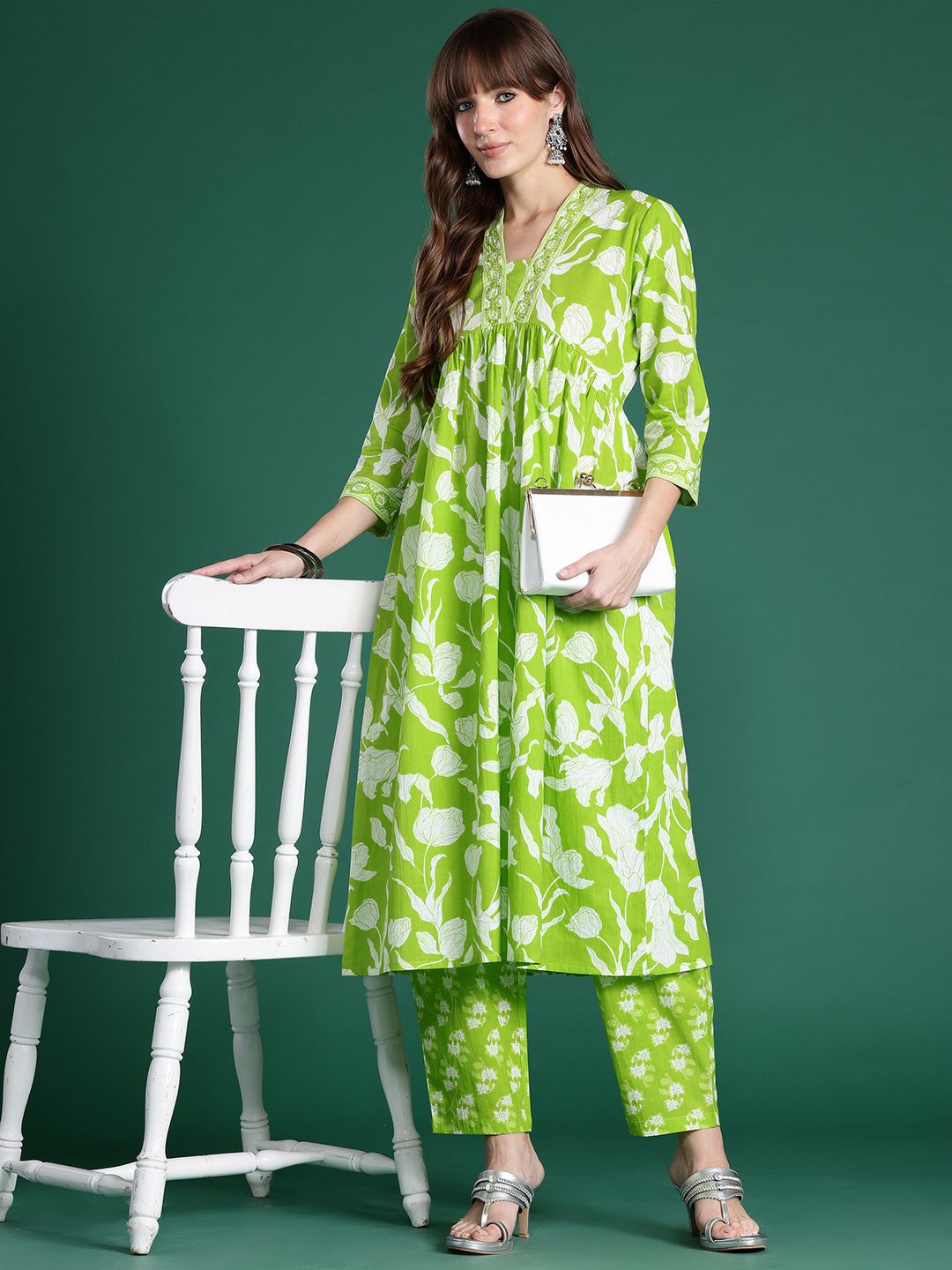 Indo Era Floral Printed Empire Sequinned Pure Cotton Kurta with Trousers