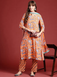 Anouk Floral Printed Pure Cotton Kurta With Trousers & Dupatta