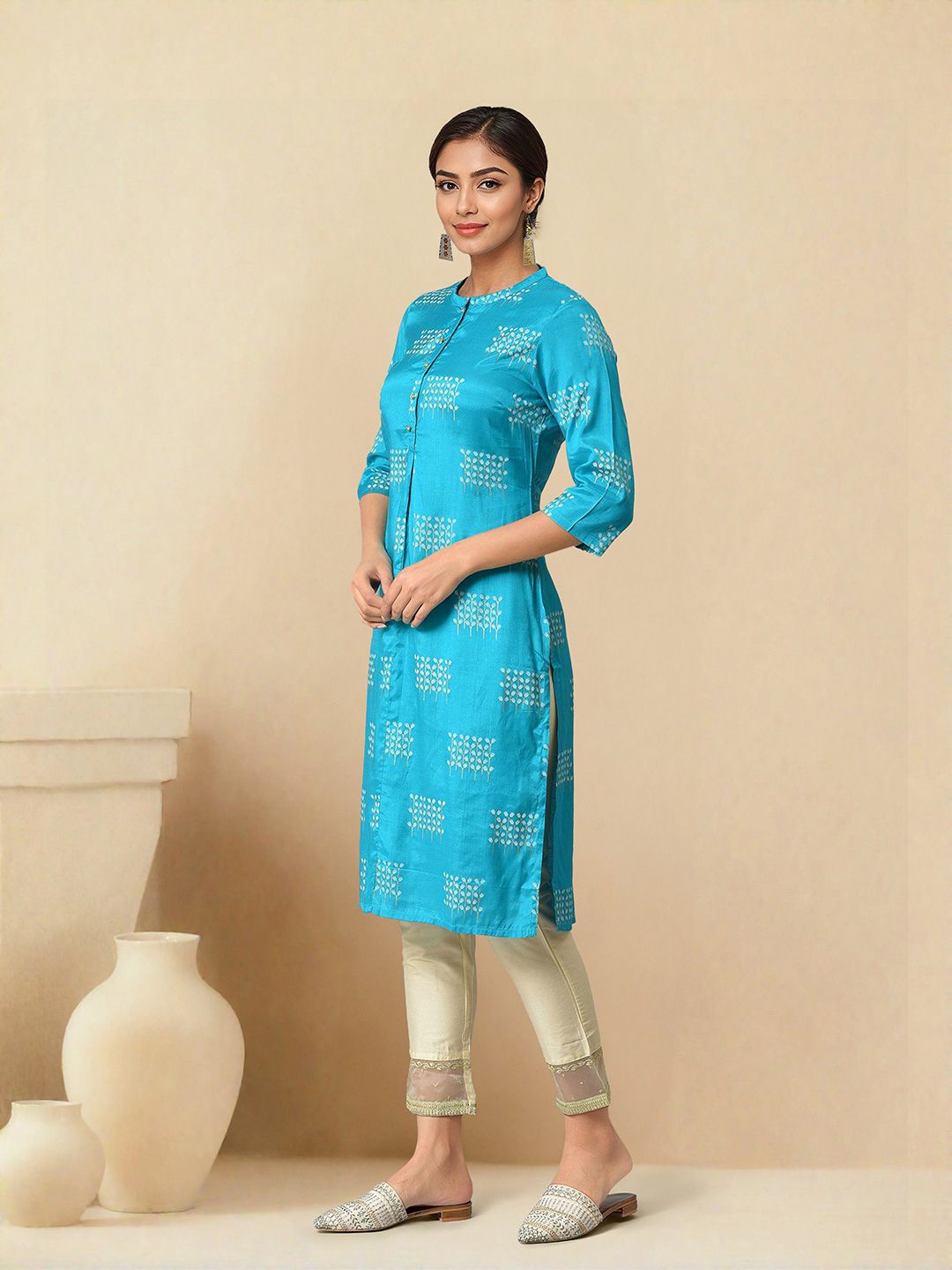 W Women Mandarin Collar Floral Printed Kurta