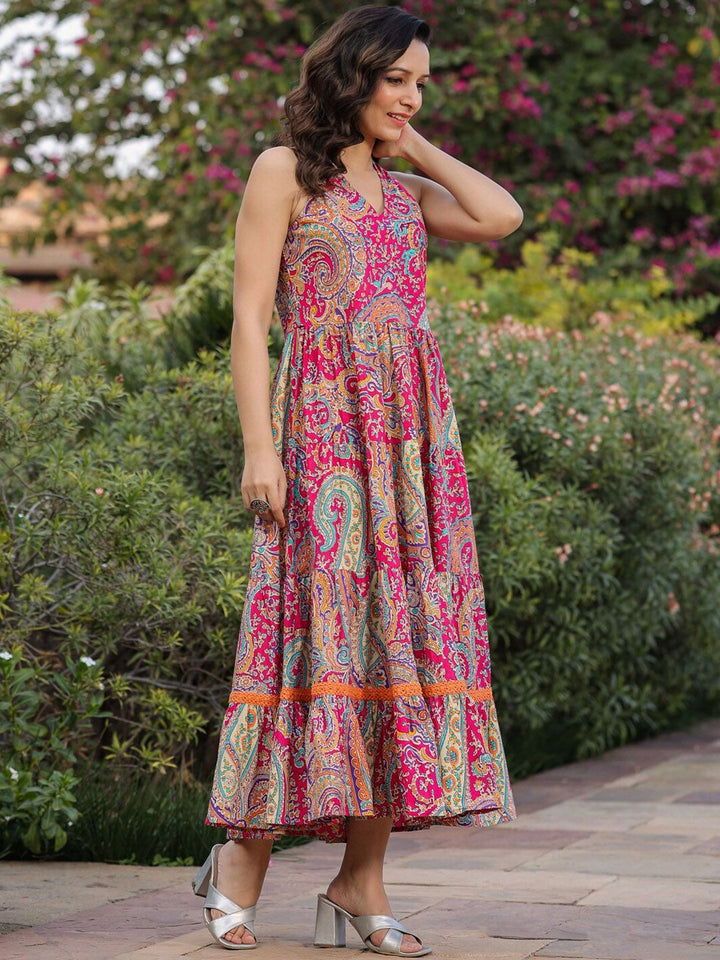 Rain & Rainbow Ethnic Motifs Printed Maxi Fit & Flare Tiered Pure Cotton Ethnic Dress