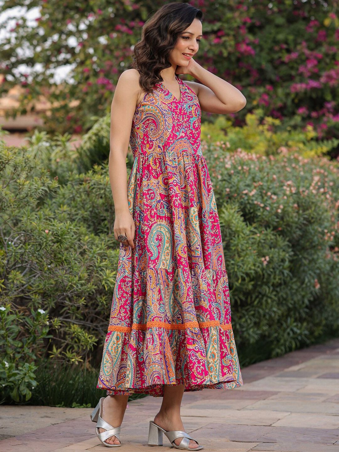 Rain & Rainbow Ethnic Motifs Printed Maxi Fit & Flare Tiered Pure Cotton Ethnic Dress
