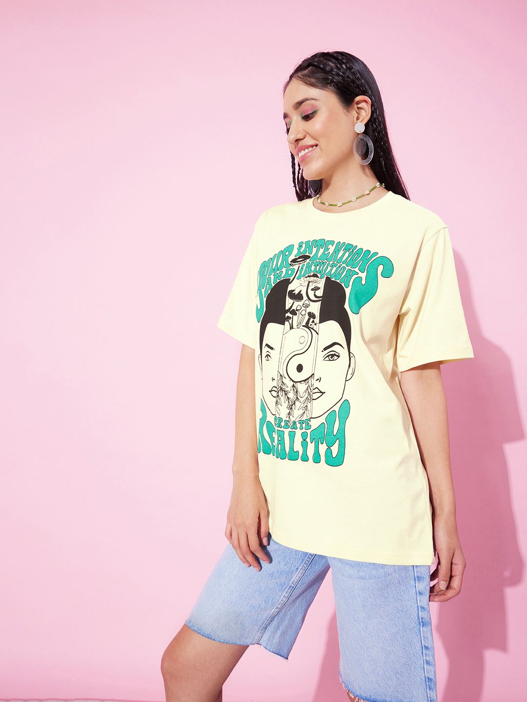 DILLINGER Off White & Green Printed Oversized Pure Cotton Longline T-shirt