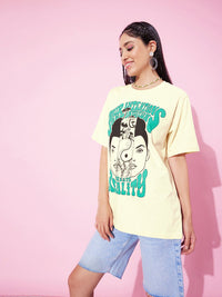 DILLINGER Off White & Green Printed Oversized Pure Cotton Longline T-shirt
