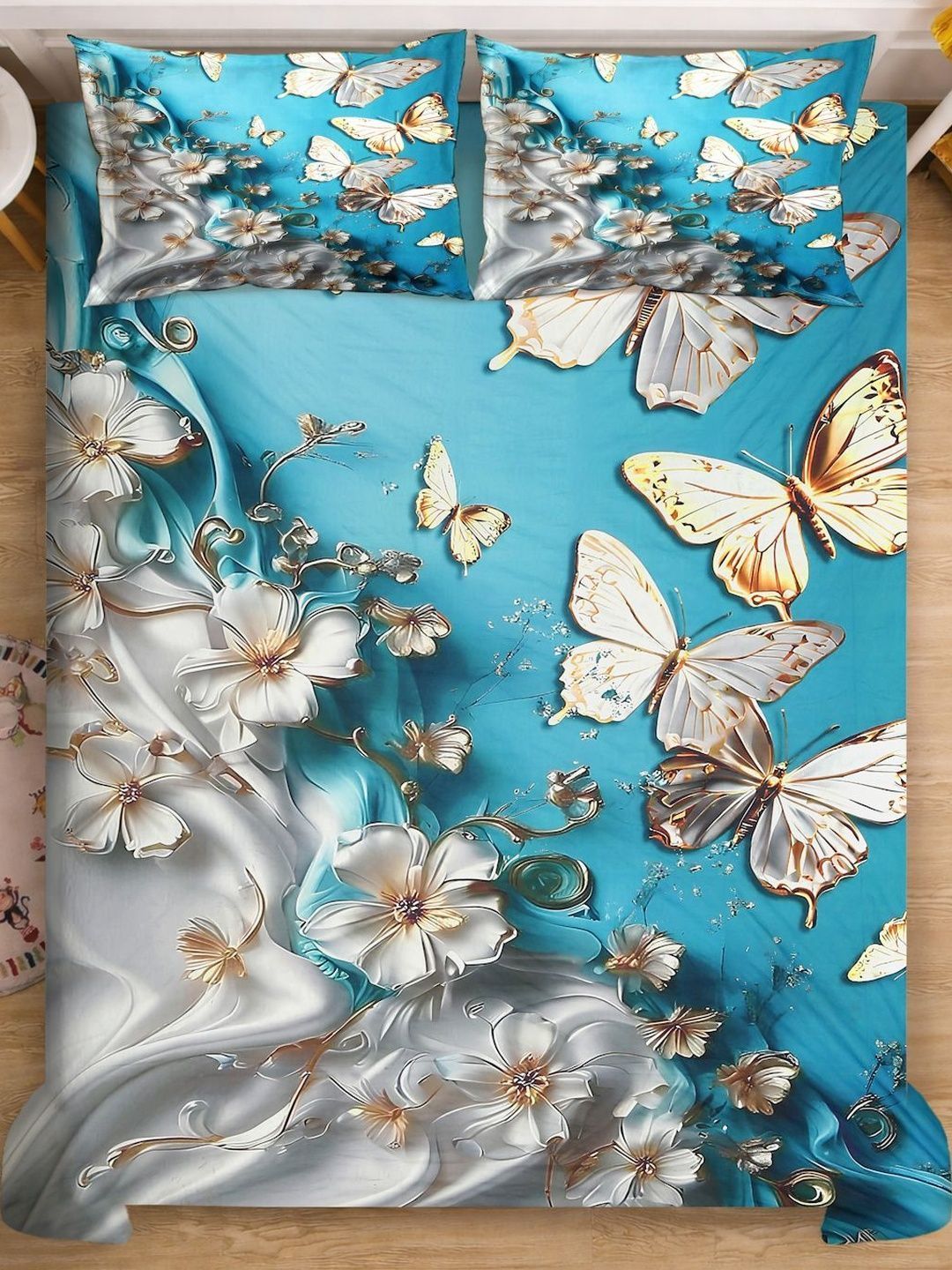 Myntra Elegant Blue & White Floral 400 TC King 7D Cadar & 2 Sarung Bantal 250X225 cm