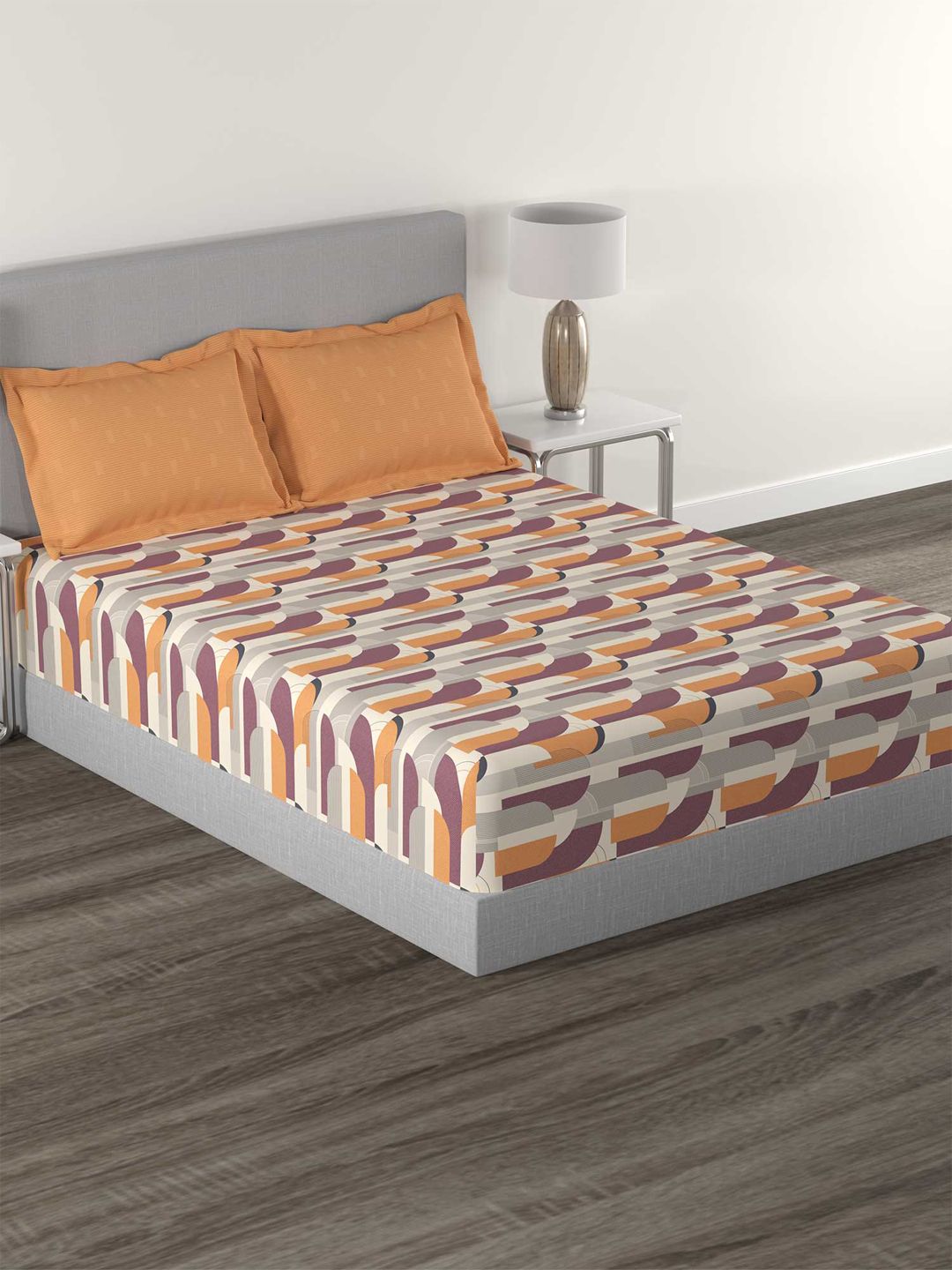 TRIDENT Charleen Orange Flat 144TC Queen Cotton Bedsheet Set