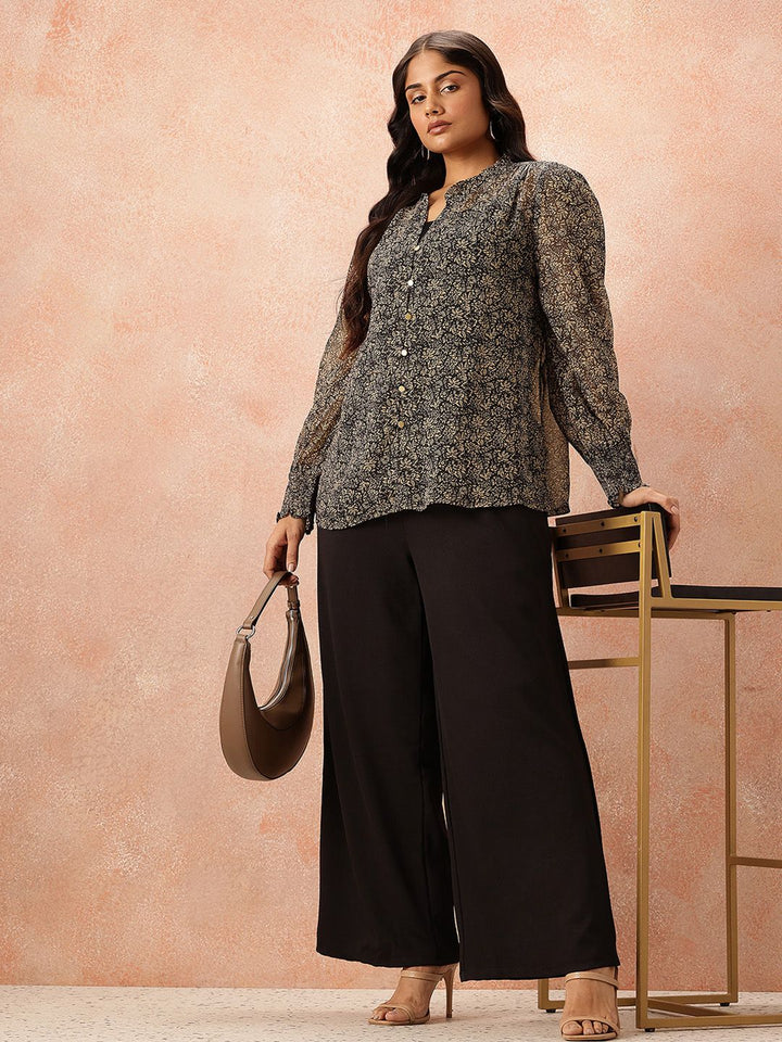 all about you Plus Size Floral Print Sheer Shirt Style Top