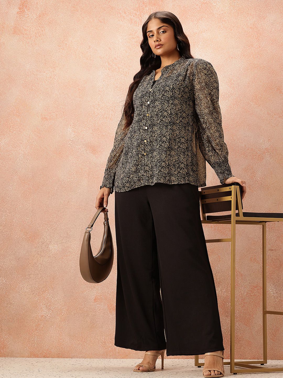 all about you Plus Size Floral Print Sheer Shirt Style Top