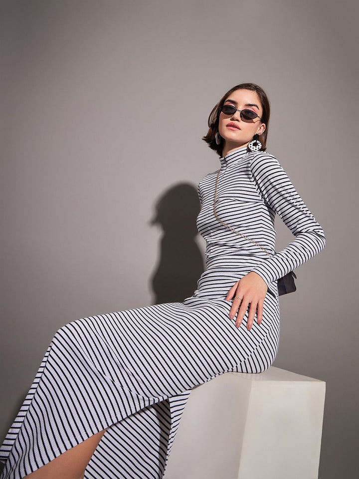 SASSAFRAS Black & White Horizontal Striped High Neck Top