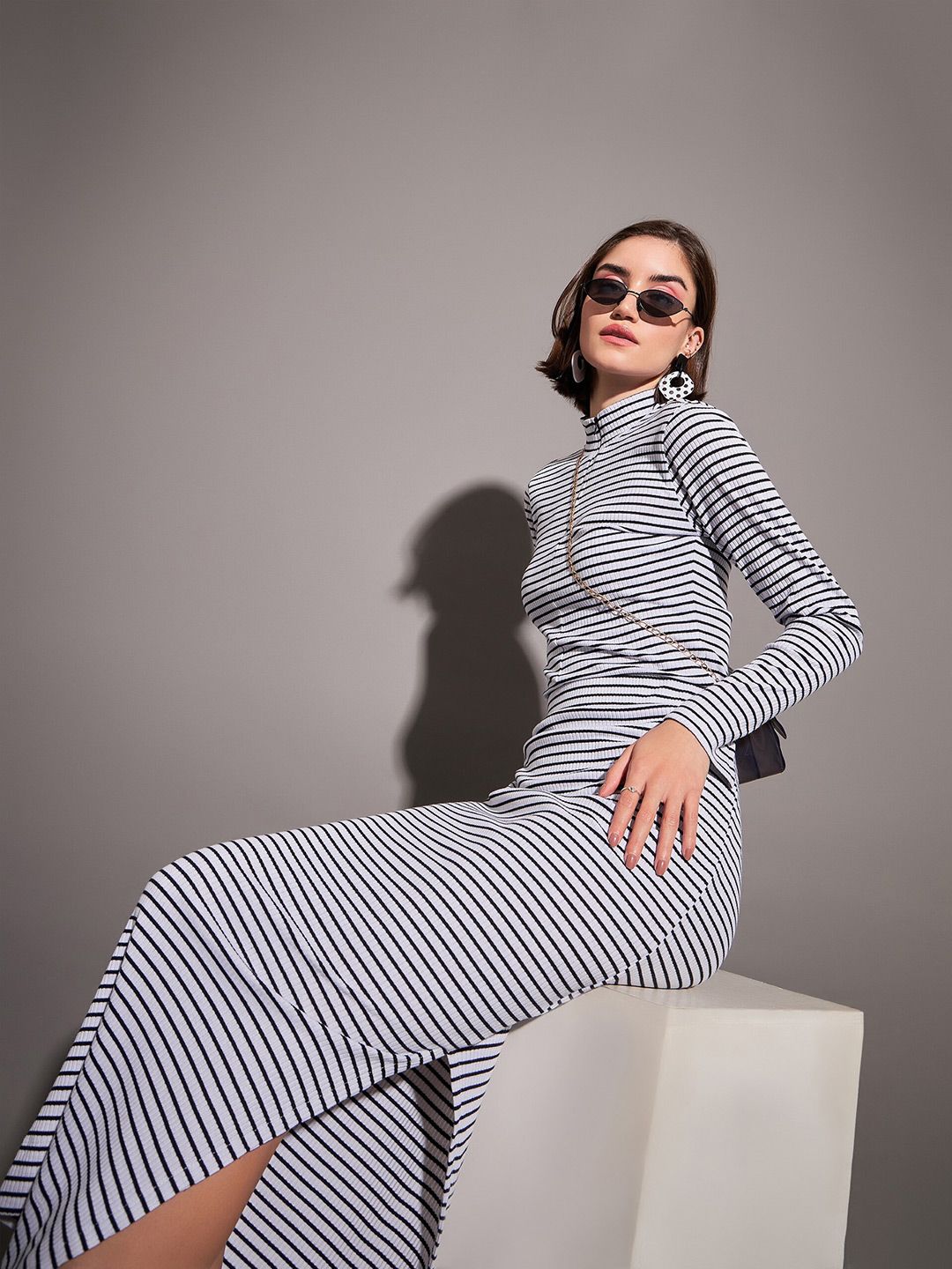 SASSAFRAS Black & White Horizontal Striped High Neck Top
