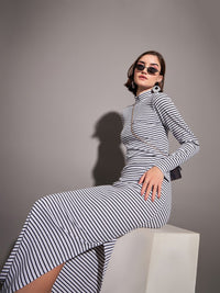 SASSAFRAS Black & White Horizontal Striped High Neck Top