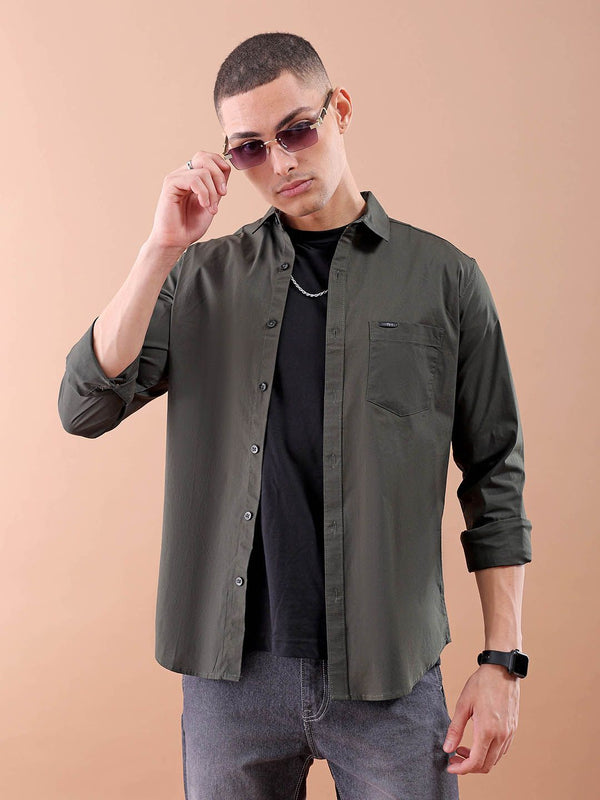 The Indian Garage Co Men Olive Green Solid Cotton Comfort Shirt