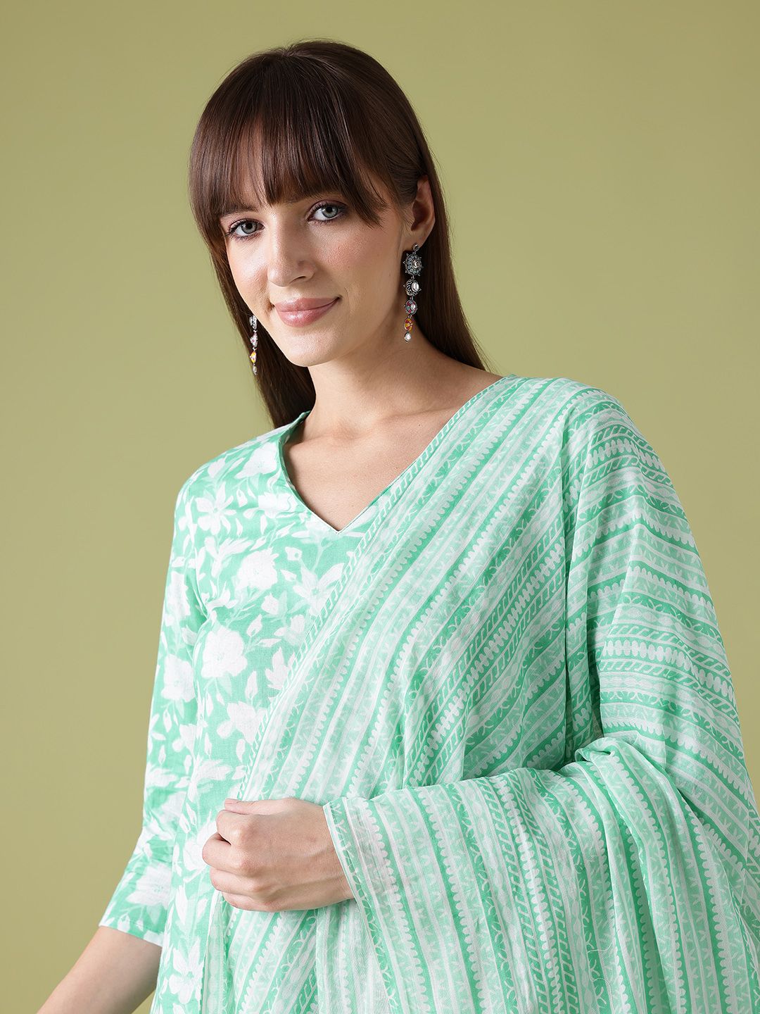 Anouk Floral Print Pure Cotton Kurta with Trousers & Dupatta