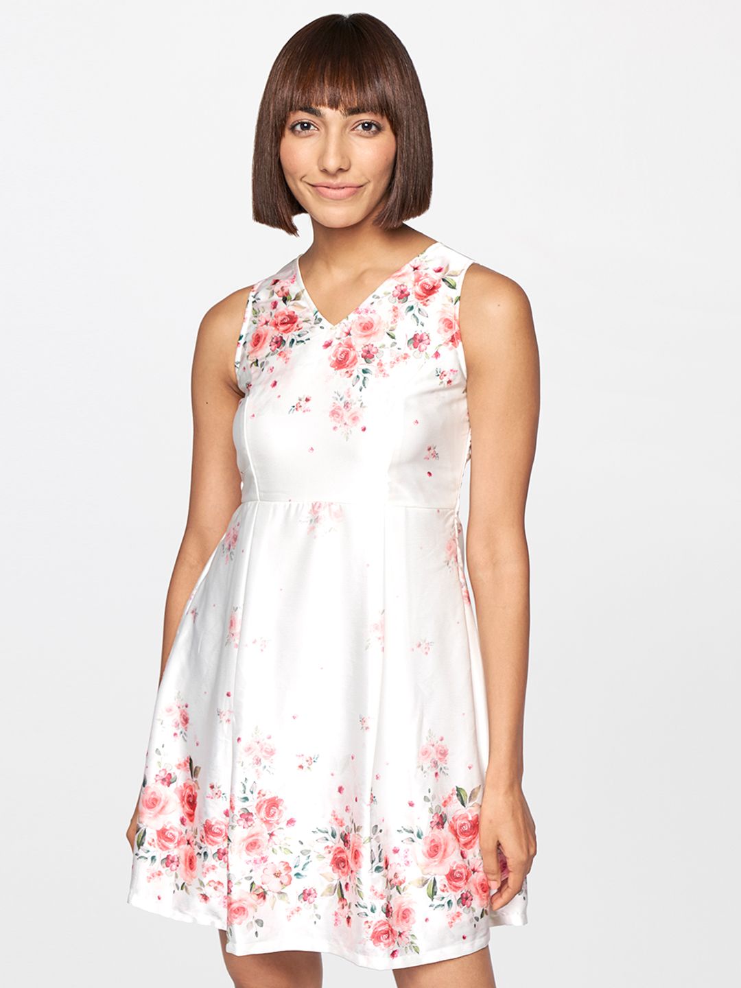 AND Women White & Red Floral Printed V-Neck Fit And Flare Dress
