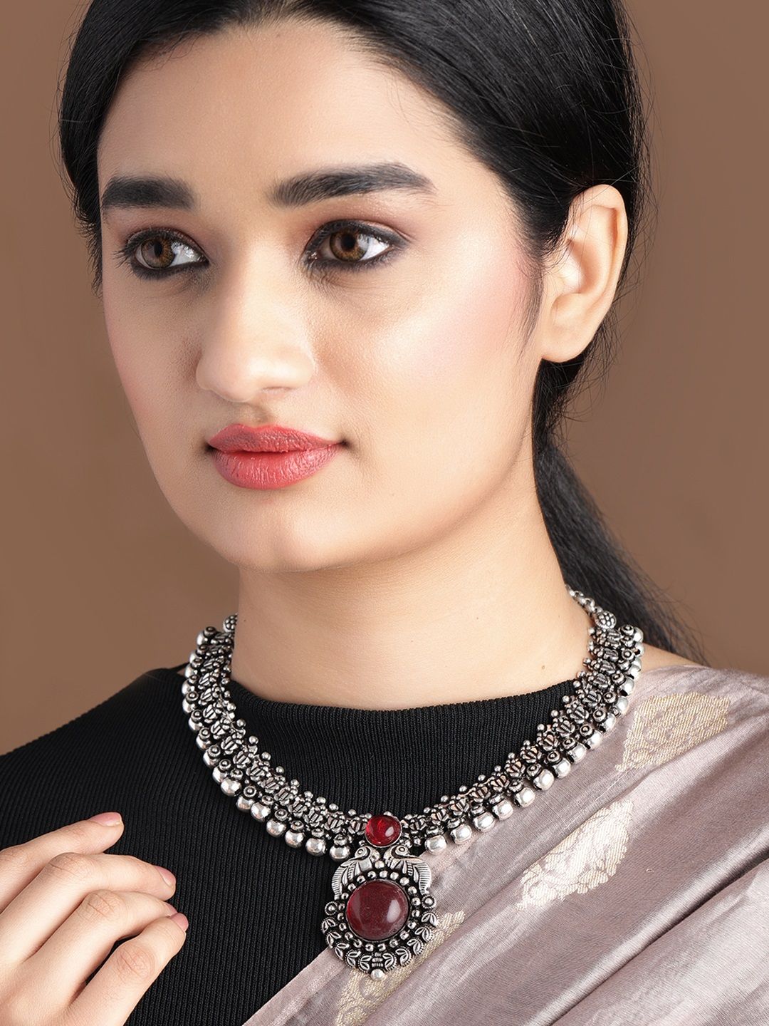 Rubans Oxidised Silver-Plated Ruby Red Stone Studded Antique Statement Necklace