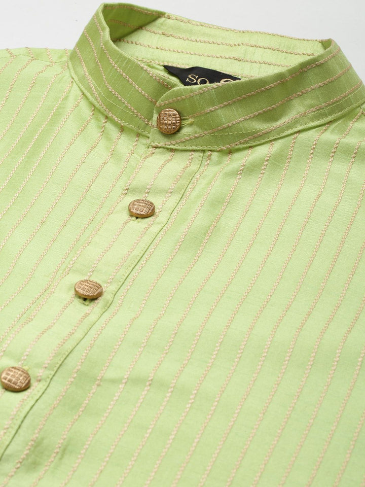 SOJANYA Men Green Striped Kurta with Churidar & Nehru Jacket