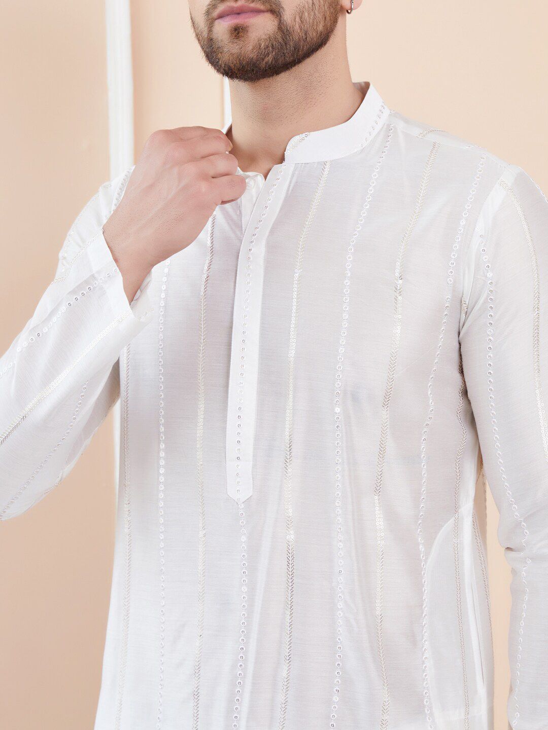 See Designs Striped Mandarin Collar Sequins Straight Kurta