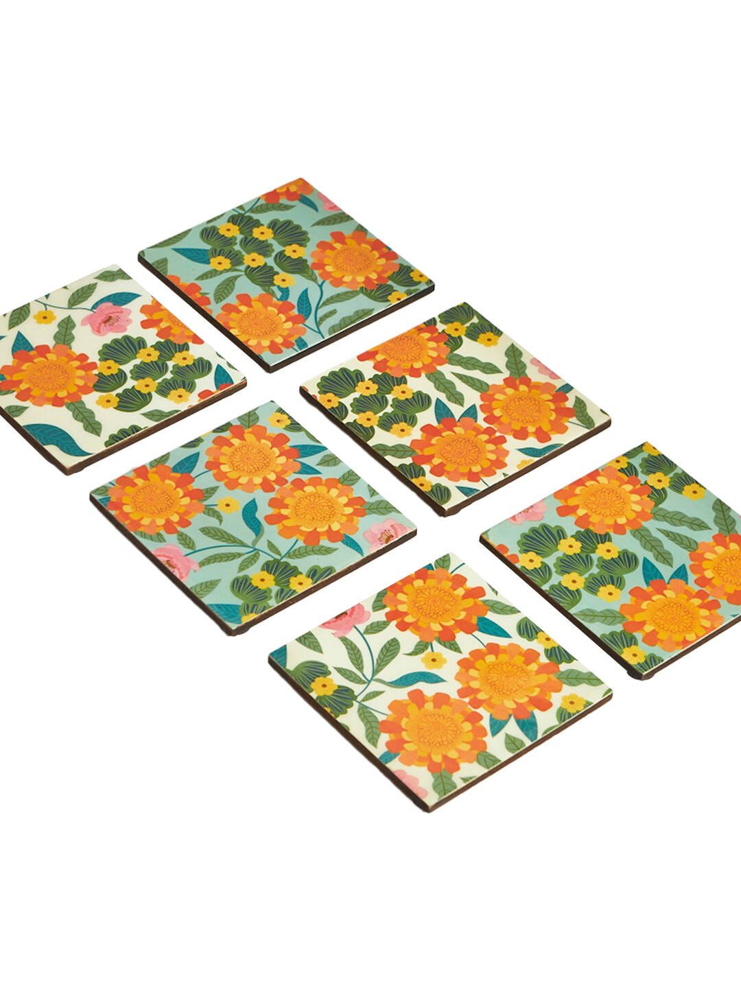 Chumbak Assorted Orange 6 Pieces Marigold Printed Coasters