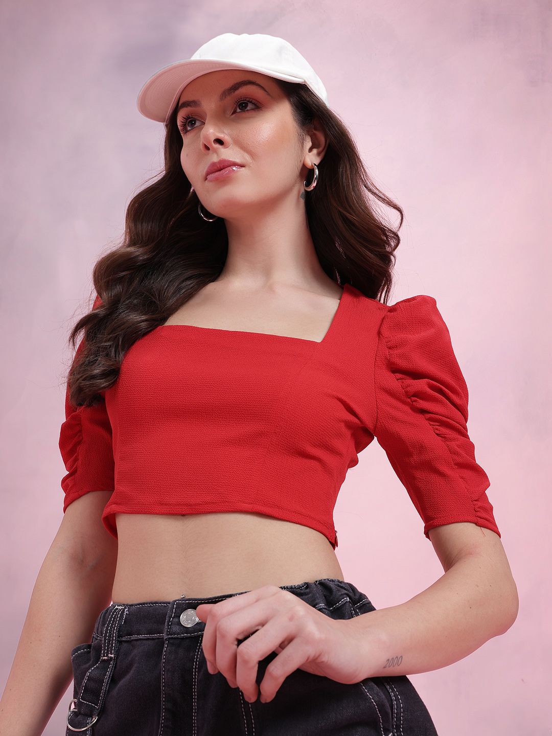 DressBerry Solid Pleated Puff Sleeve Crop Top