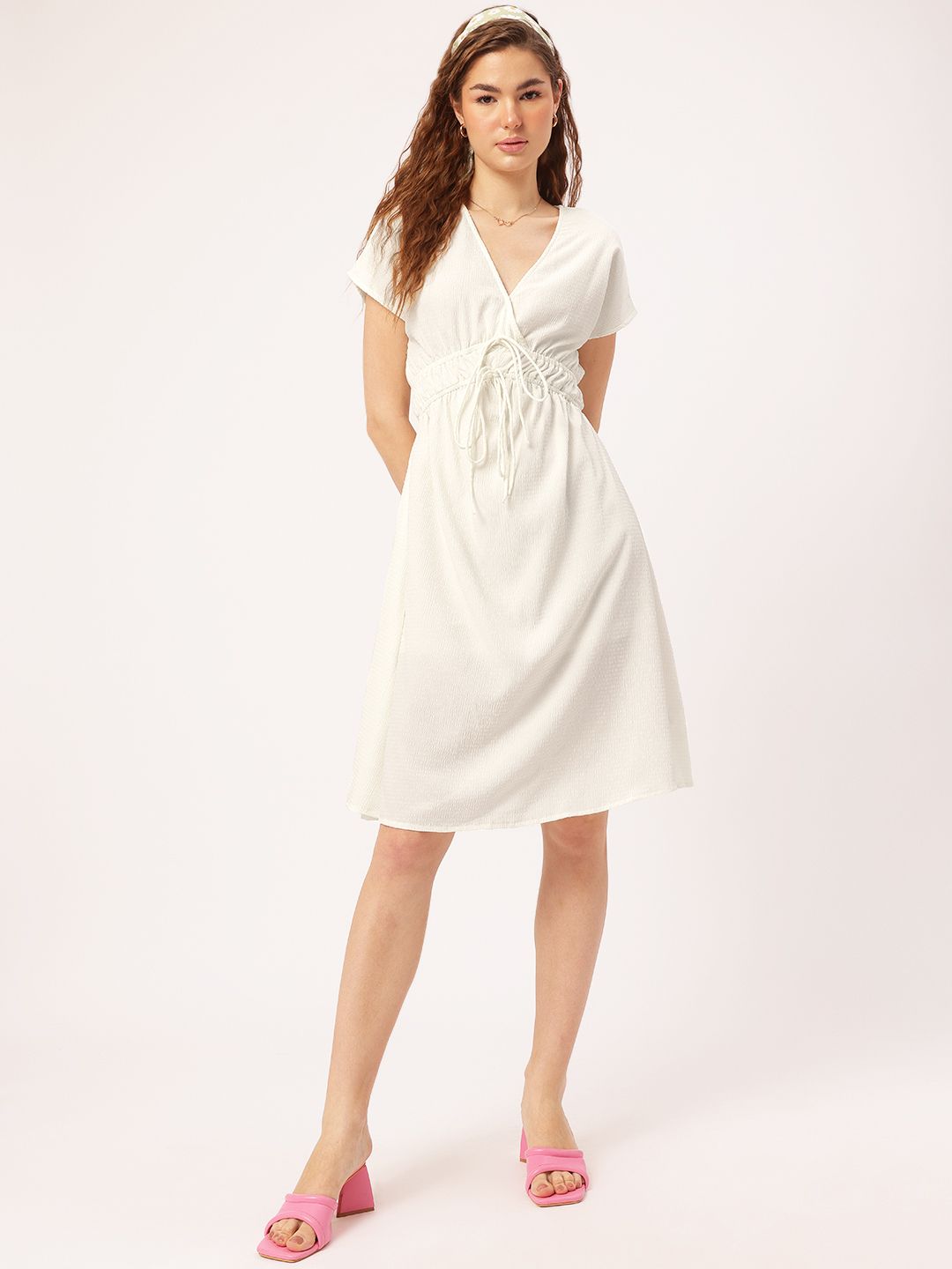 DressBerry Delicate Dream Seersucker Cinched Waist A-Line Dress