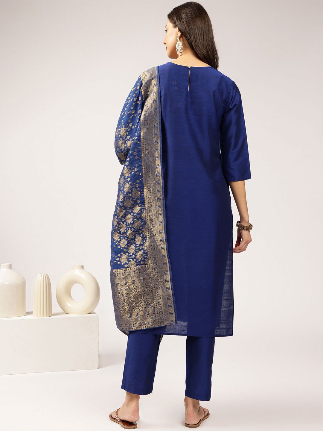 Anouk Blue Floral Embroidered Straight Kurta with Trousers & Dupatta