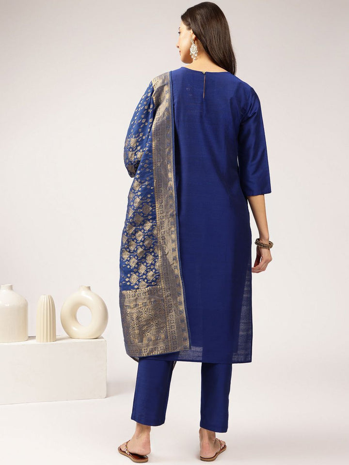 Anouk Blue Floral Embroidered Straight Kurta with Trousers & Dupatta