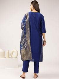 Anouk Blue Floral Embroidered Straight Kurta with Trousers & Dupatta