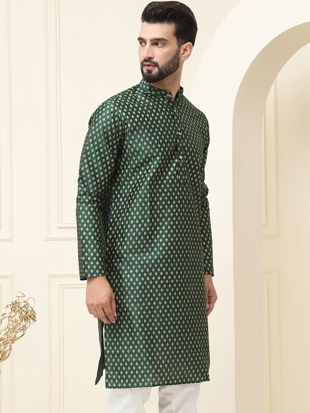 SOJANYA Rekaan Tenunan Kolar Mandarin Sutera Kapas Biasa Kurta