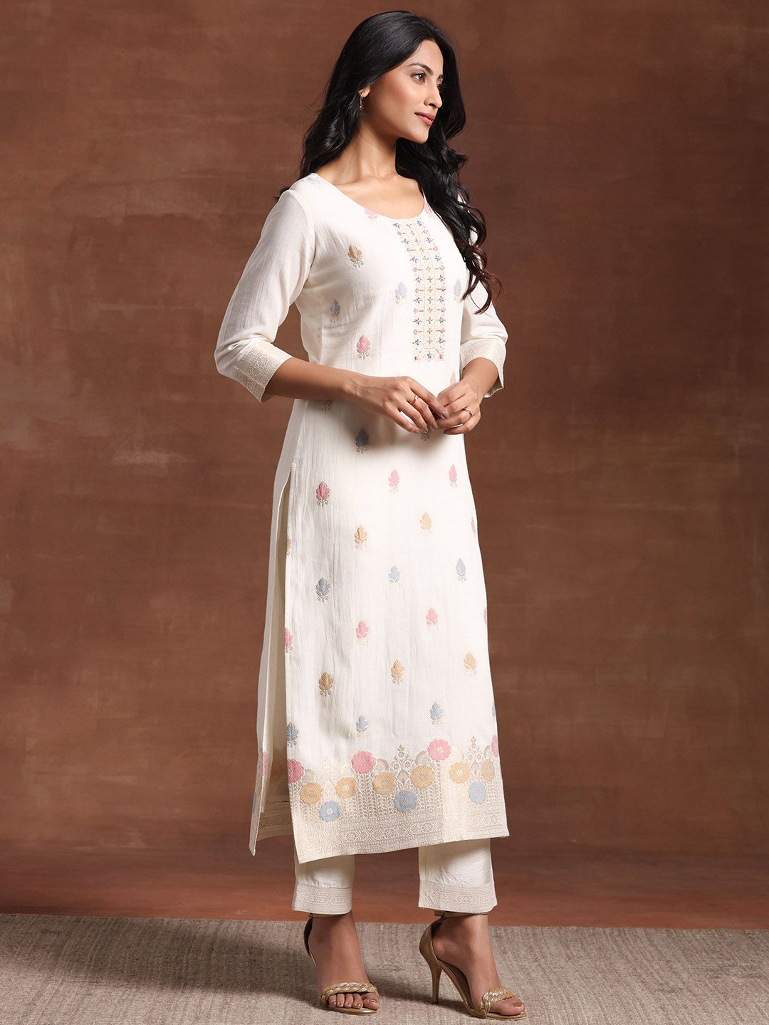 Libas Floral Woven Design Regular Linen Kurta with Palazzos & With Dupatta