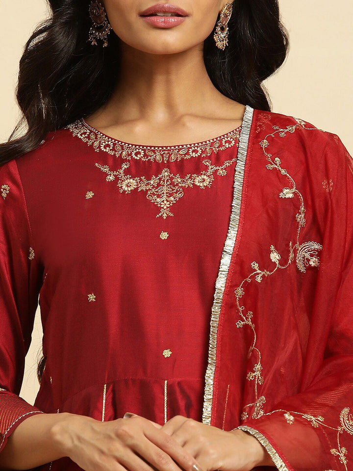 W Floral Yoke Design Anarkali Kurta with Trousers & Dupatta