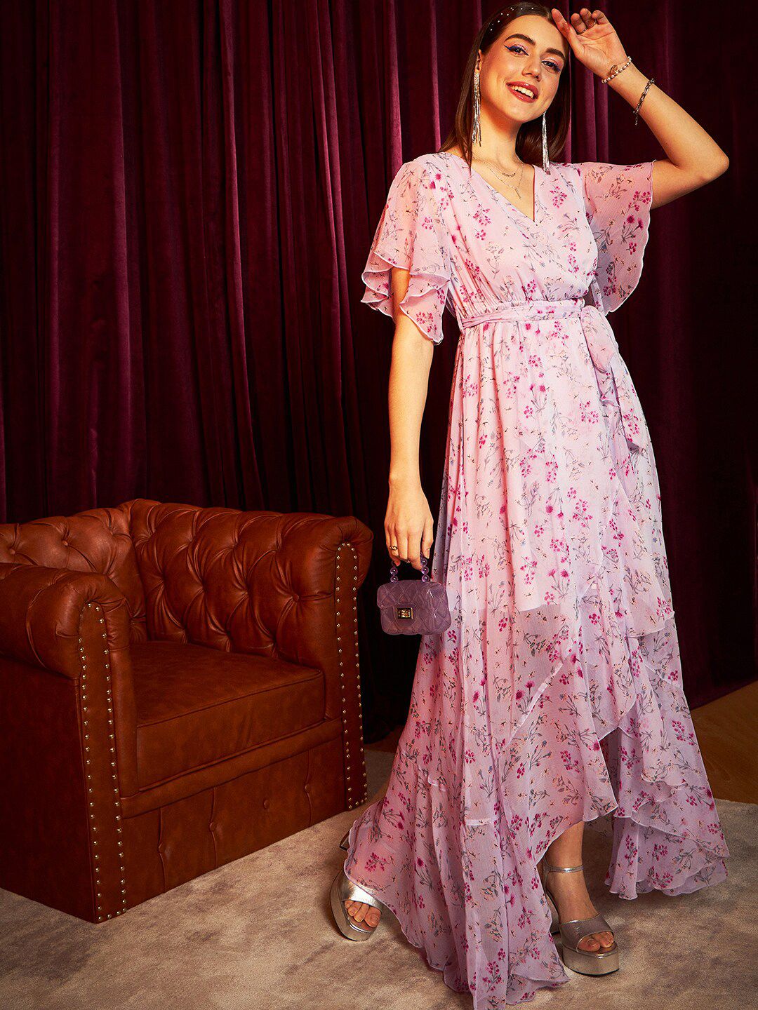 Berrylush Floral Printed V-Neck Flared Sleeves Tie-Ups Maxi Dress