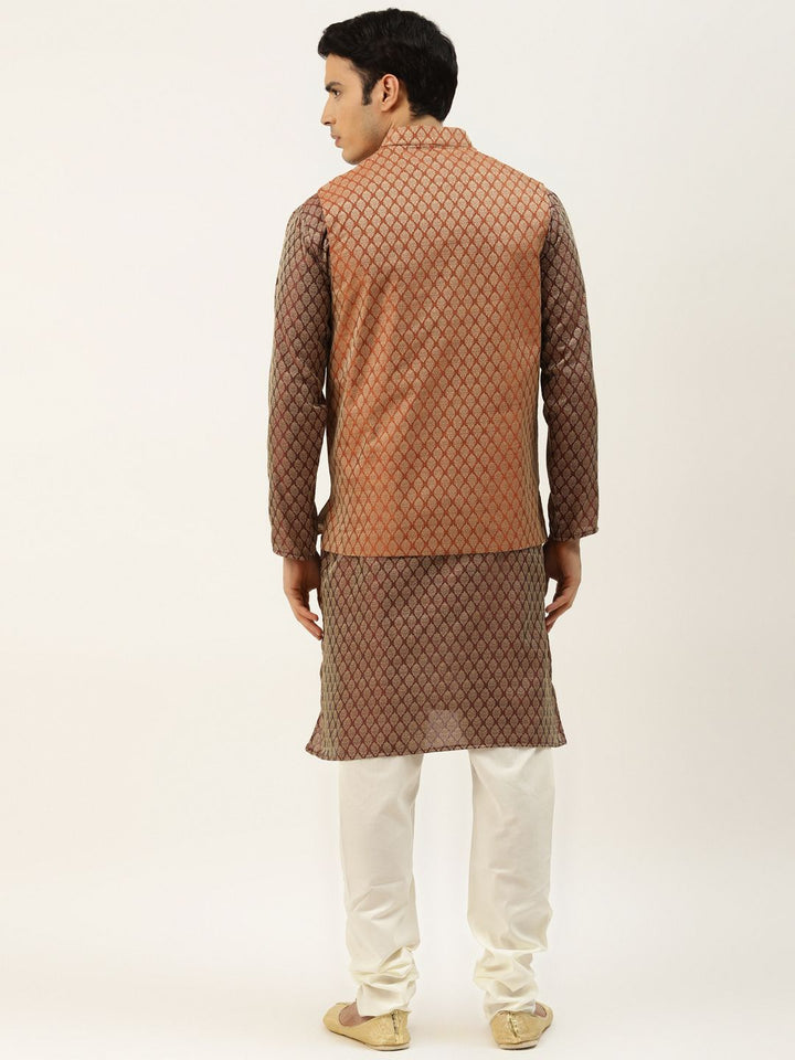 SOJANYA Men Maroon & Beige Ethnic Motifs Kurta with Churidar & Nehru Jacket