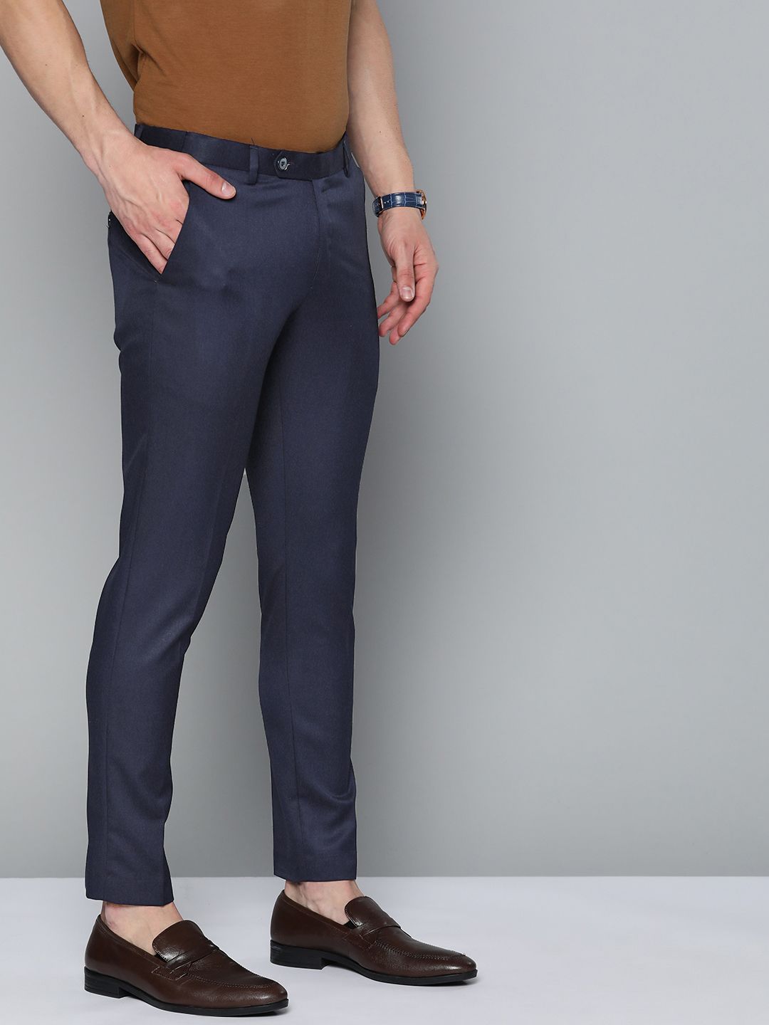 DENNISON Men Blue Smart Tapered Fit Easy Wash Trousers