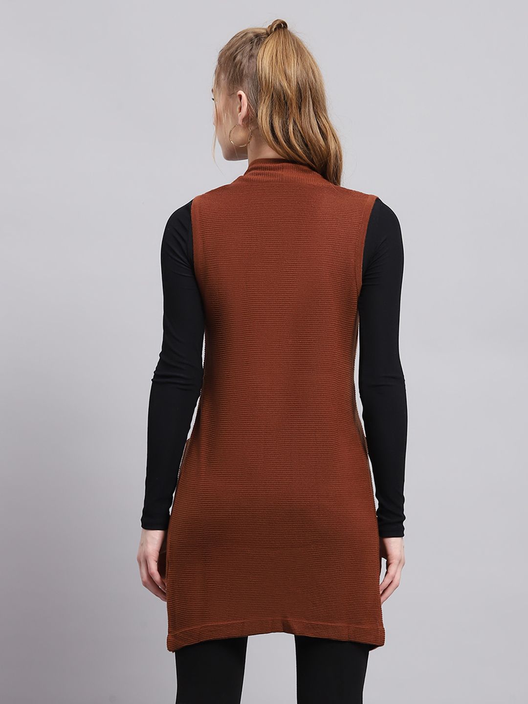 Monte Carlo Collarless Ribbed Front Open Longline Cardigan Sweater Comes With A Brooch