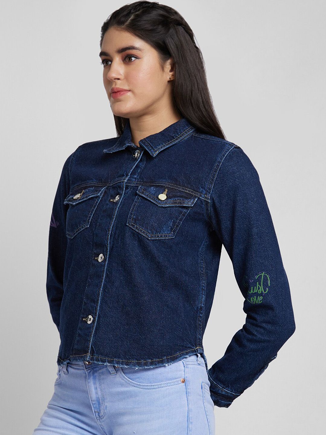 Wanita spykar membasuh jaket denim tanaman