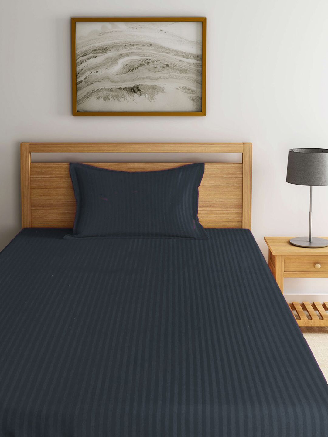 KLOTTHE Black Striped 210 TC Single Bedsheet with 1 Pillow Covers